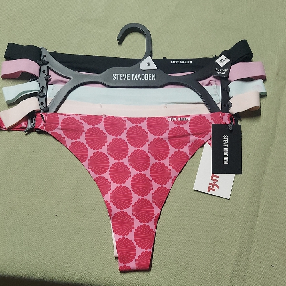Steve Madden Women's Thong Panties in Pink, Black, and White. 5 Pack